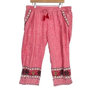 Lucky Brand Boho Casual Tassels Cotton Drawstring Cropped Pajama Lounge Pants XL